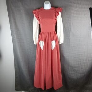 Vintage 1970s Prairie Maxi Dress Red Polka Dot Heart Pockets Dotted Swiss Sleeve